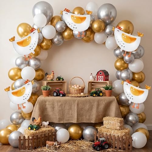 LaRandom 108 Pcs Chicken Party Decorations Farm Animals Hen Balloon Arch Garland Kit White Silver Gold Foil Latex Balloons for Chicken Birthday Baby Shower Party Decorations Supplies - Image 1