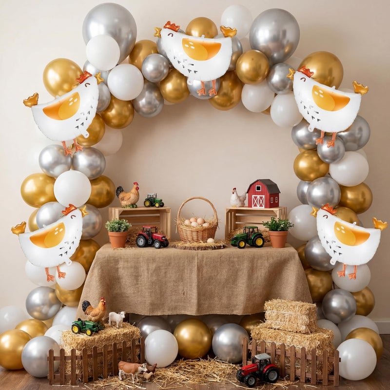 LaRandom 108 Pcs Chicken Party Decorations Farm Animals Hen Balloon Arch Garland Kit White Silver Gold Foil Latex Balloons for Chicken Birthday Baby Shower Party Decorations Supplies - Image 3