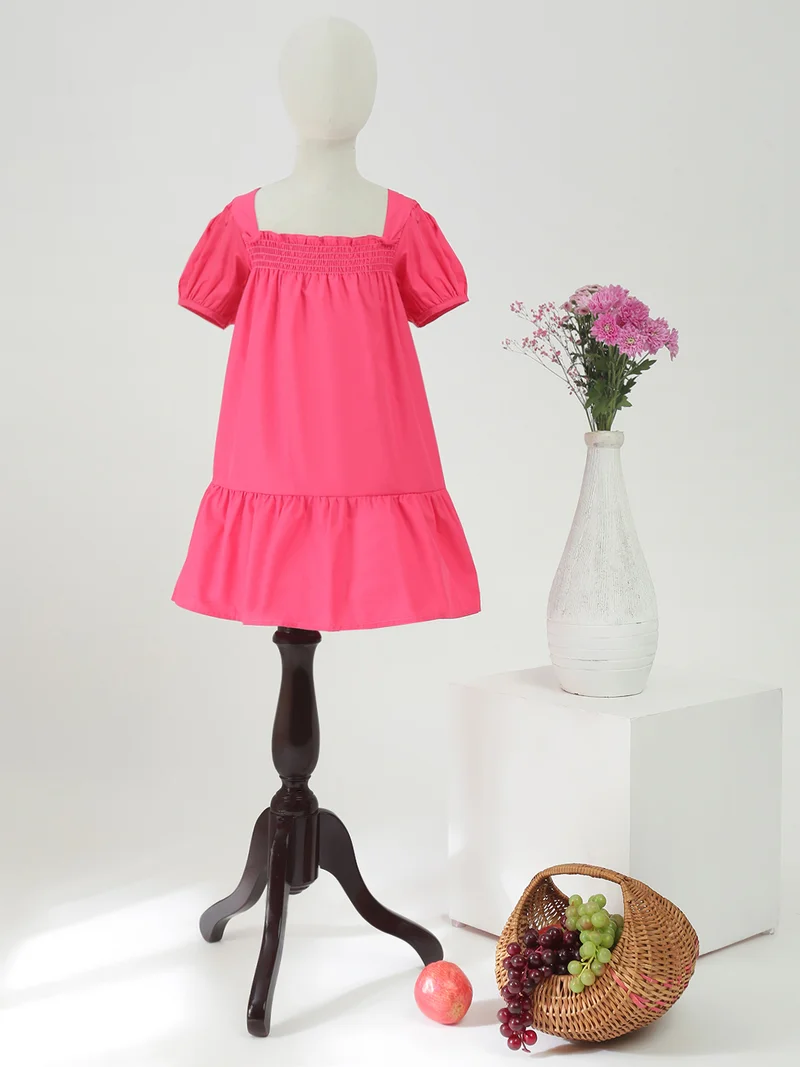 جلو باص Globus Girls Pink Square Neck Smocked Detail Puffed Sleeves Fit & Flared Tiered Mini Dress
