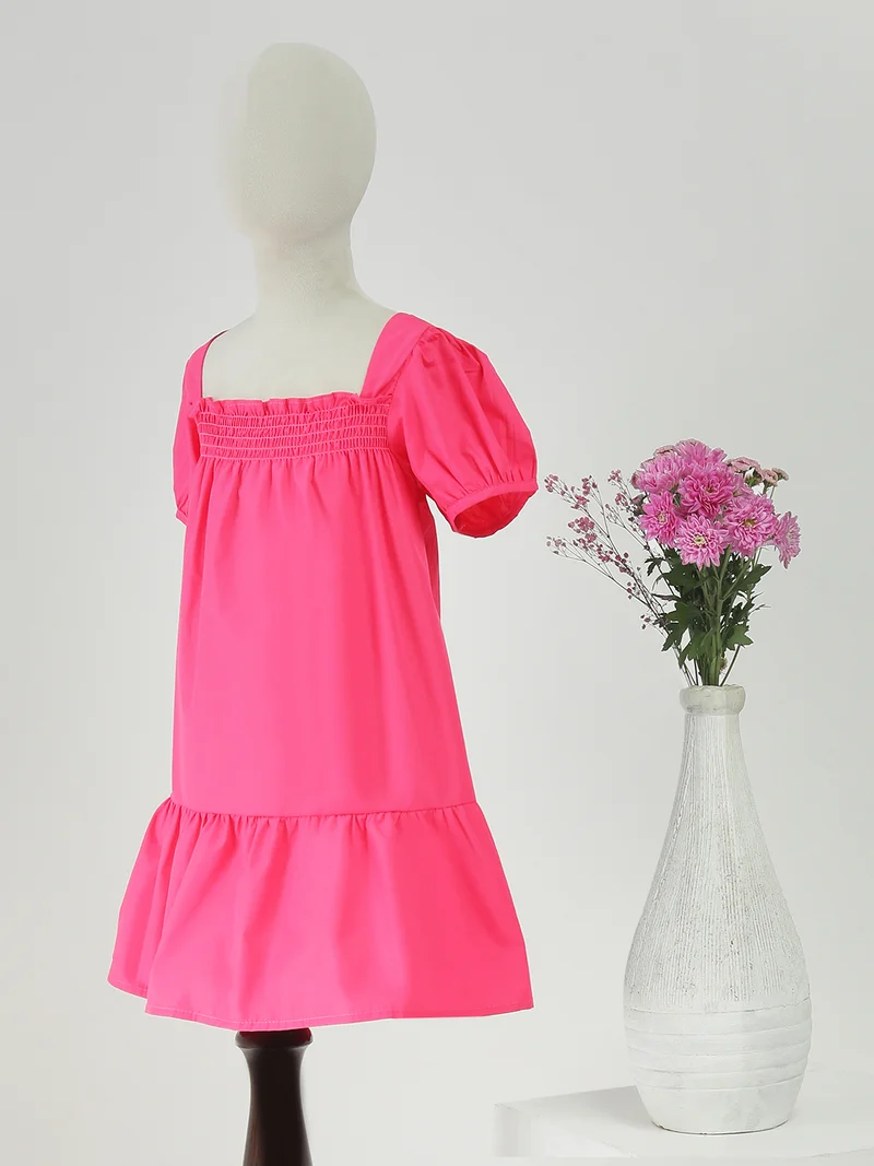 جلو باص Globus Girls Pink Square Neck Smocked Detail Puffed Sleeves Fit & Flared Tiered Mini Dress