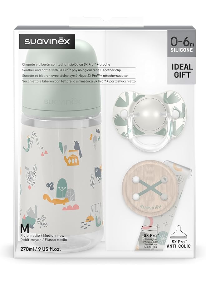 SUAVINEX Newborn Baby Gift Pack WithAnti Colic Bottle 270 Ml Medium Flow (M) + Pacifier 0/6 Months + Fabric Pacifier For Babies 0/6 Months Sx Pro Silicone Teats Walk Green  - Image 2