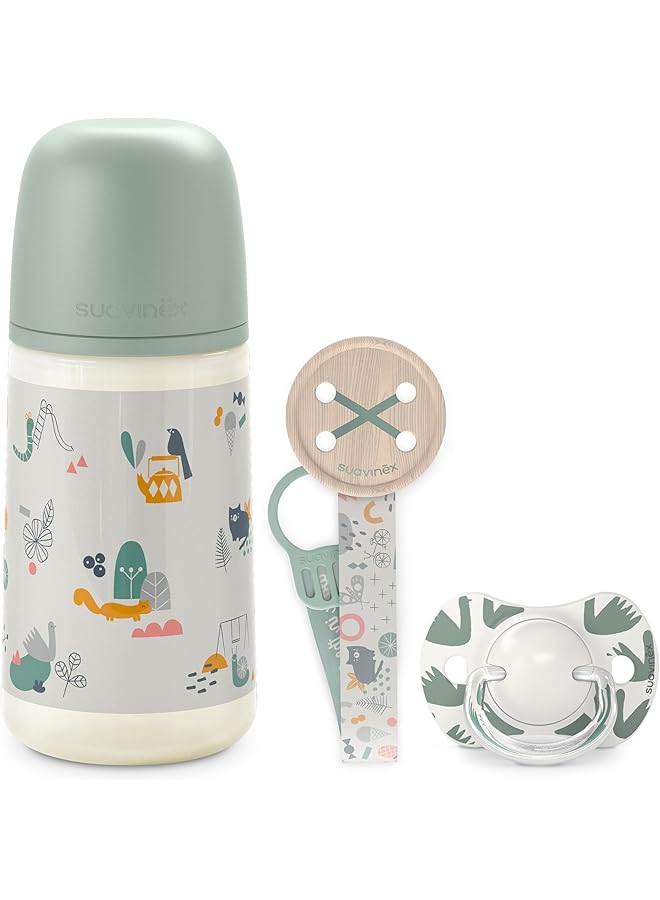 SUAVINEX Newborn Baby Gift Pack WithAnti Colic Bottle 270 Ml Medium Flow (M) + Pacifier 0/6 Months + Fabric Pacifier For Babies 0/6 Months Sx Pro Silicone Teats Walk Green  - Image 1
