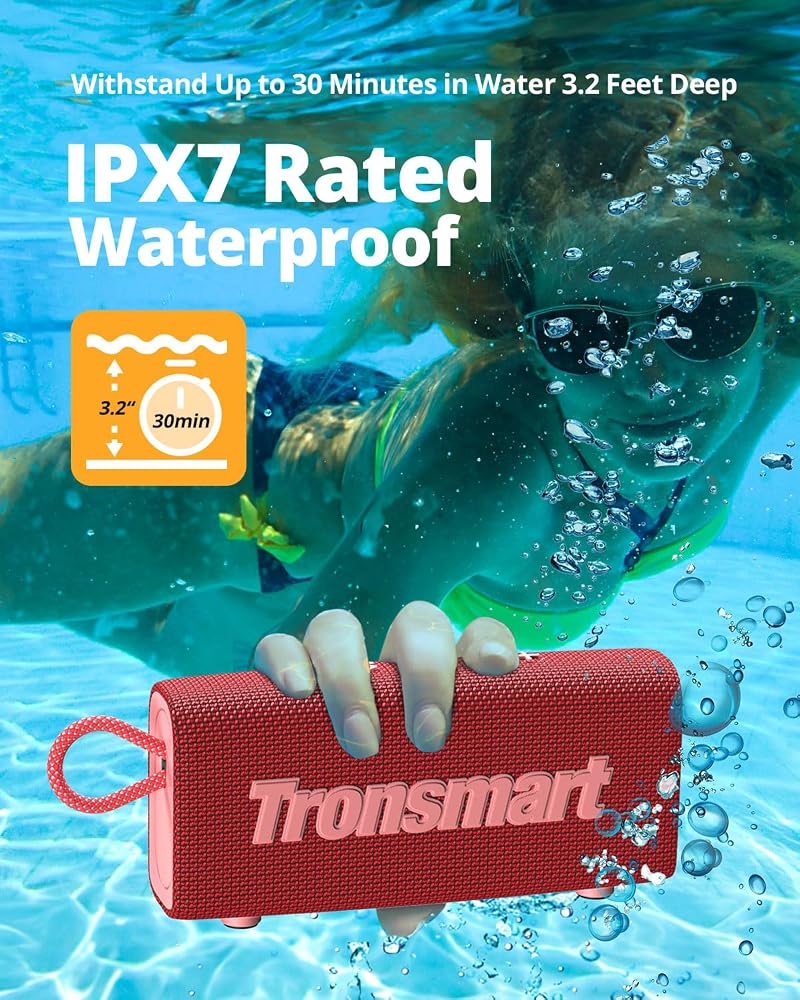 ترونسمارت مكبر صوت محمول من نوع Tronsmart، مزود بتقنية بلوتوث 5.3، وقت تشغيل يصل إلى 20 ساعة، يدعم وظيفة AUX وميكروفون، مقاوم للماء (معيار IPX7)، مناسب للاستخدام في الأماكن الخارجية، باللون الأحمر. - Image 4