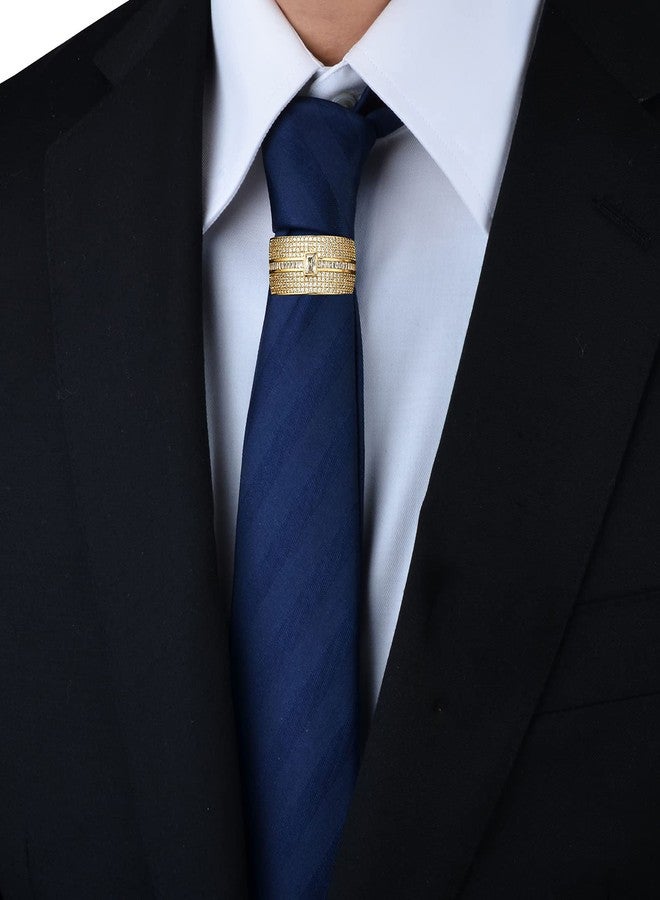 VVCome Men's Micro Pave Cubic Zirconia Tie Clips Tie Holder Crystal Necktie Ring Tie Tacks Accessories for Wedding Business (Gold Clear) - Image 2