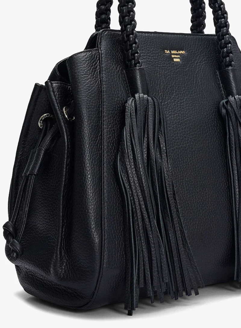 Da Milano Black Medium Wax Leather Satchel - Black for Women | Best Price UAE