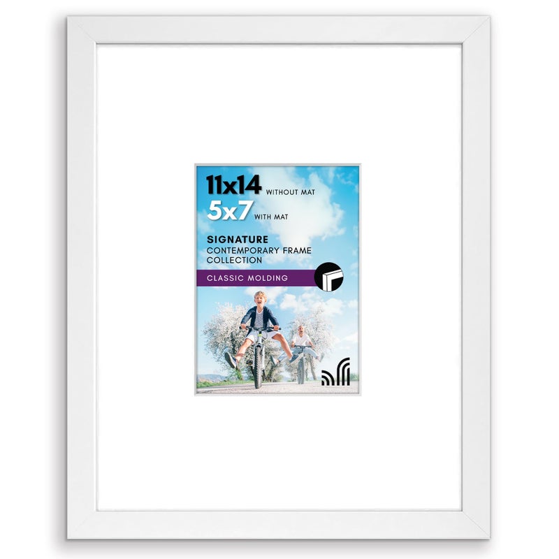 Americanflat 11x14 Picture Frame with ShatterResistant Glass  Use as 5x7 Frame with Mat or Display 11x14 Photo Without Mat  Signature Collection  Picture Frames for Wall Display  White - Image 1