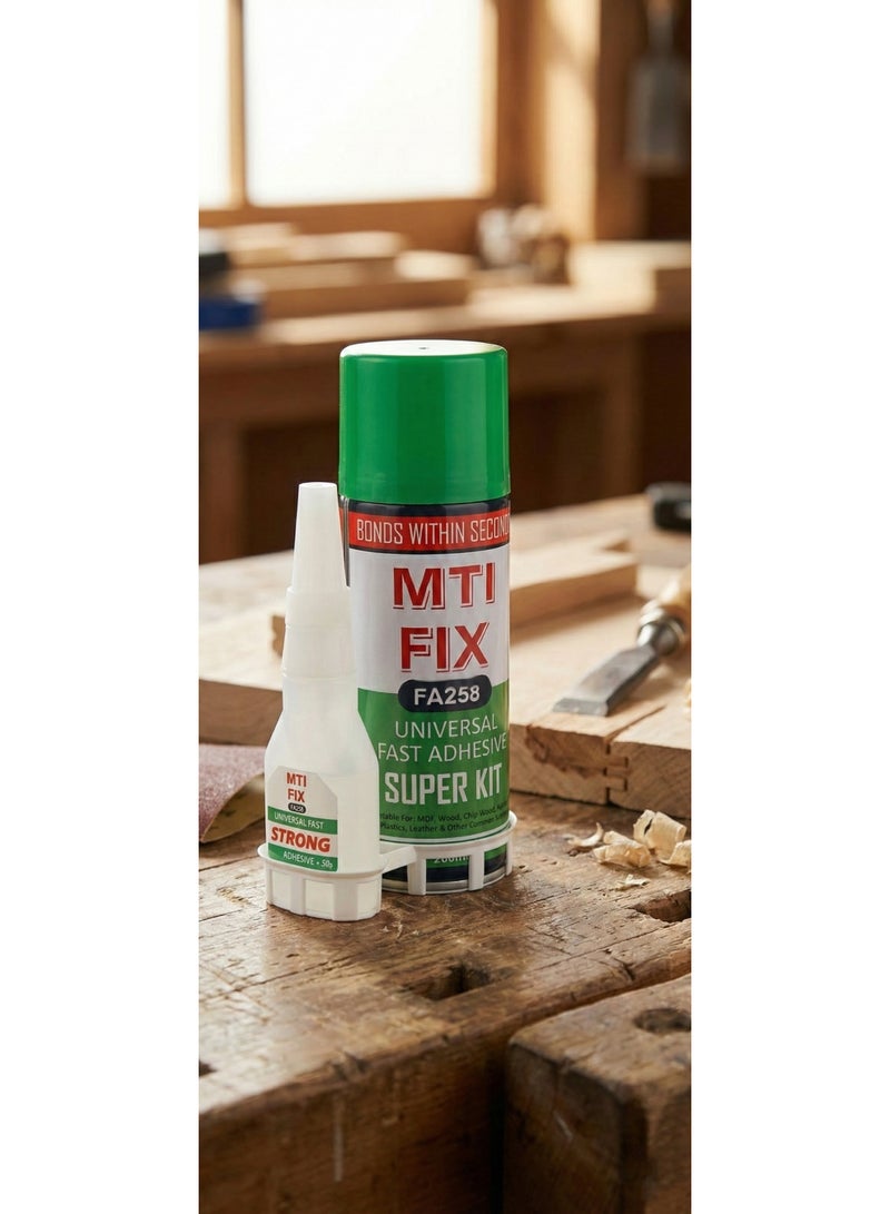 MTIFIX Universal Fast Adhesive with Activator – FA258 | High-Strength MDF Glue for Wood, Metal, Glass, Plastic & Rubber – Dual Pack (Glue + Activator Spray) - Image 2
