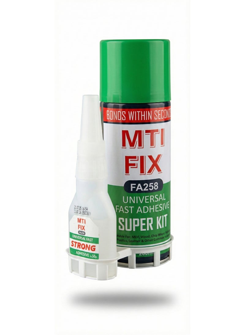 MTIFIX Universal Fast Adhesive with Activator – FA258 | High-Strength MDF Glue for Wood, Metal, Glass, Plastic & Rubber – Dual Pack (Glue + Activator Spray) - Image 1