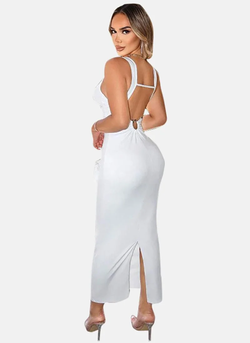 YUNIQEE White Solid Sleeveless Halter Neck Maxi Bodycon Dress