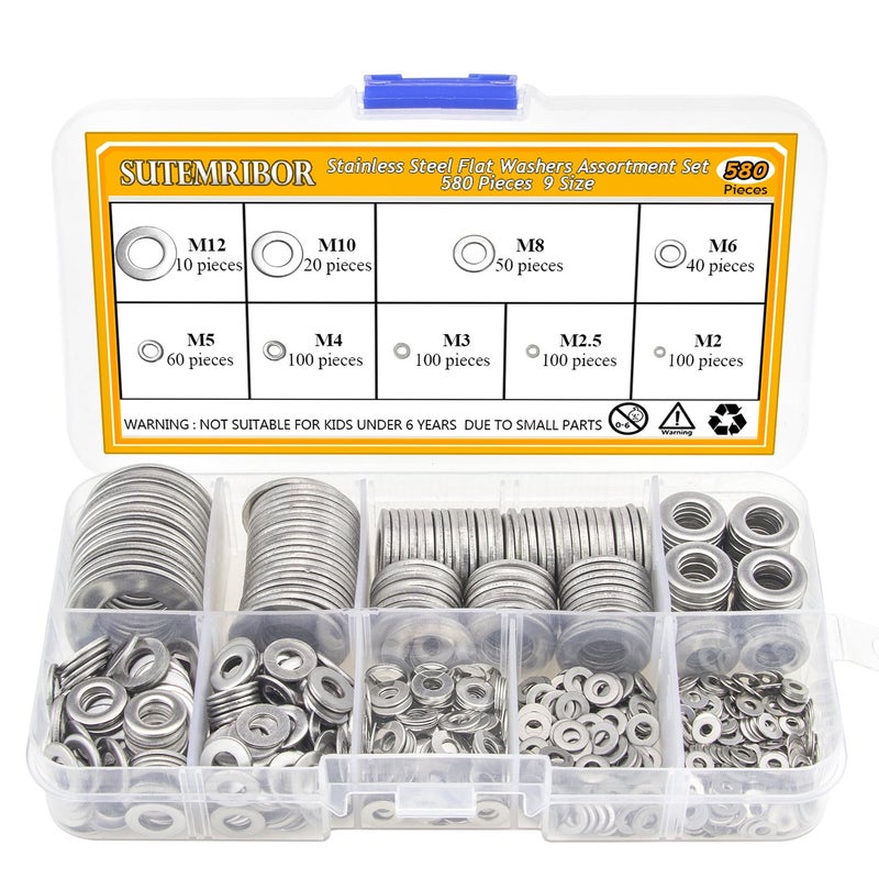 Sutemribor 304 Stainless Steel Flat Washers Set 580 Pieces, 9 Sizes - M2 M2.5 M3 M4 M5 M6 M8 M10 M12 - Image 1