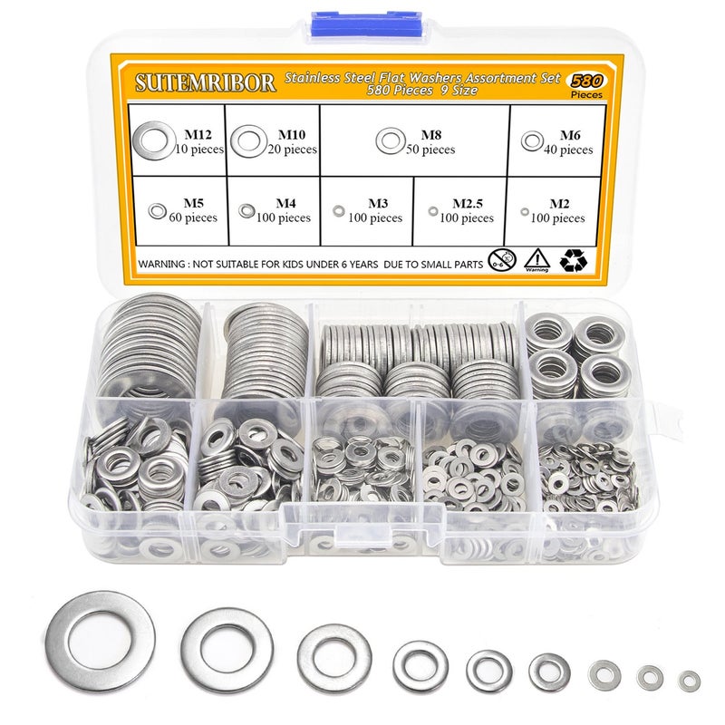 Sutemribor 304 Stainless Steel Flat Washers Set 580 Pieces, 9 Sizes - M2 M2.5 M3 M4 M5 M6 M8 M10 M12 - Image 5