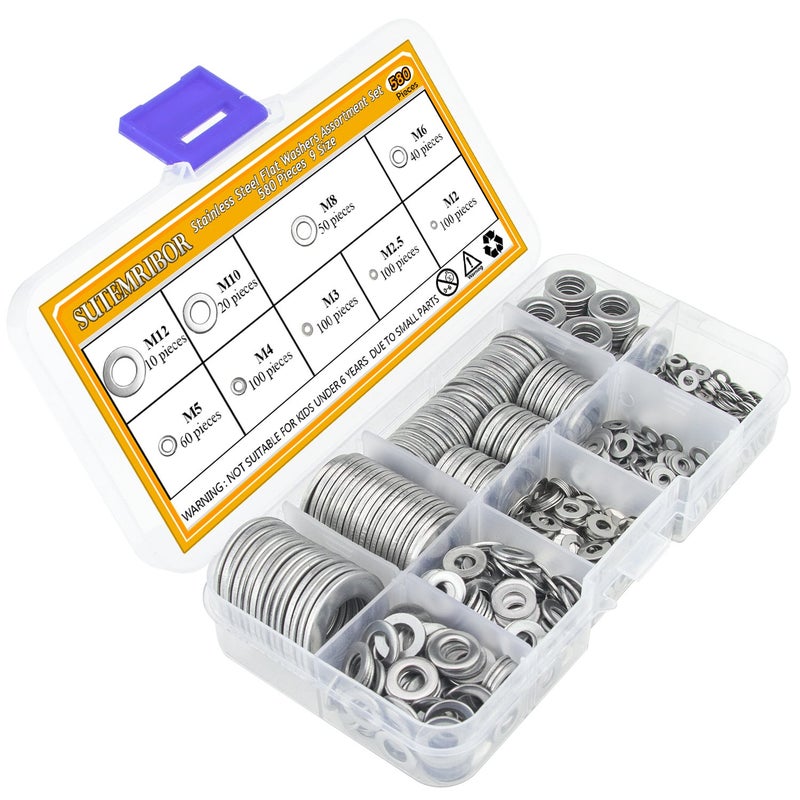 Sutemribor 304 Stainless Steel Flat Washers Set 580 Pieces, 9 Sizes - M2 M2.5 M3 M4 M5 M6 M8 M10 M12 - Image 2