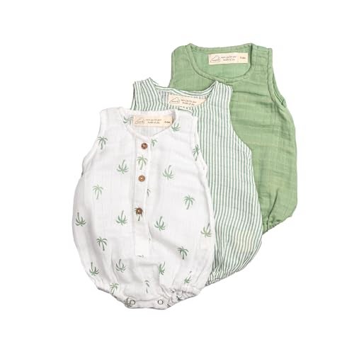 Masilo 100% Organic Cotton Baby Romper Multipack/Set of 3 Infant Wear/Soft and Comfortable Newborn Clothing/Print, Solid and Striped Front Buttoned Bodysuit/Onesies for 0-6 Months - Palm - Image 1