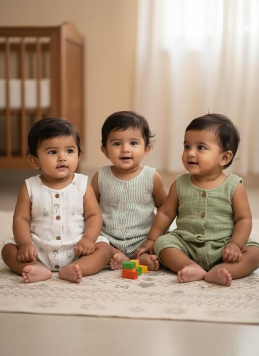 Masilo 100% Organic Cotton Baby Romper Multipack/Set of 3 Infant Wear/Soft and Comfortable Newborn Clothing/Print, Solid and Striped Front Buttoned Bodysuit/Onesies for 0-6 Months - Palm - Image 2
