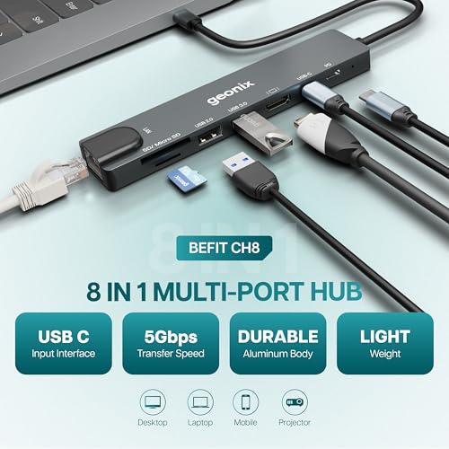 Geonix Befit CH8, 8 in 1 Muliport Adapter USB C Hub with 4K HDMI, USB C 100W PD Port, USB C Port, USB A 3.0, USB A 2.0, RJ45 Ethernet, SD, Micro sd Card Reader - Image 2