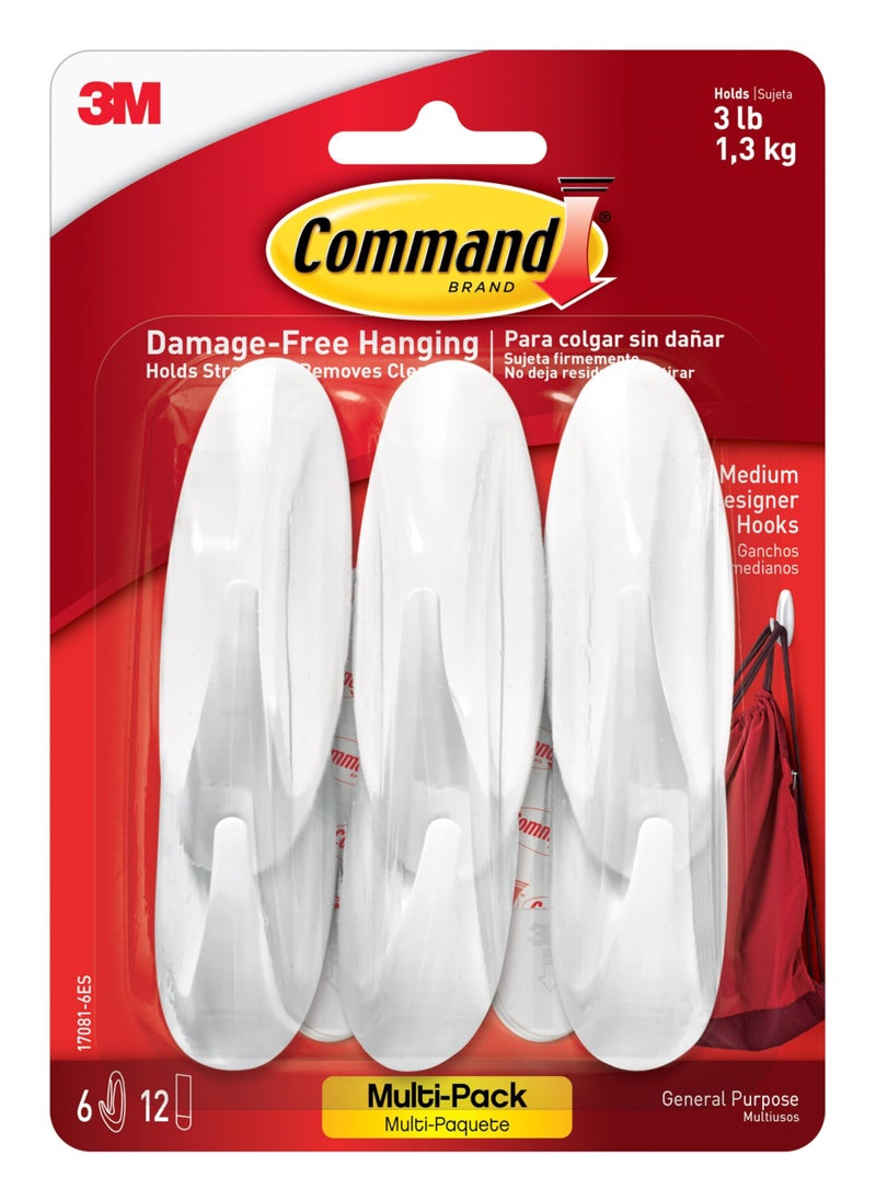 Command Medium Designer Hooks, 6 Hooks and 12 Strips, Damage-Free Hanging Wall Hook with Adhesive Strips, No Tools Great for Hanging, Organization and Storage, Holds up to 3 lb - Image 1