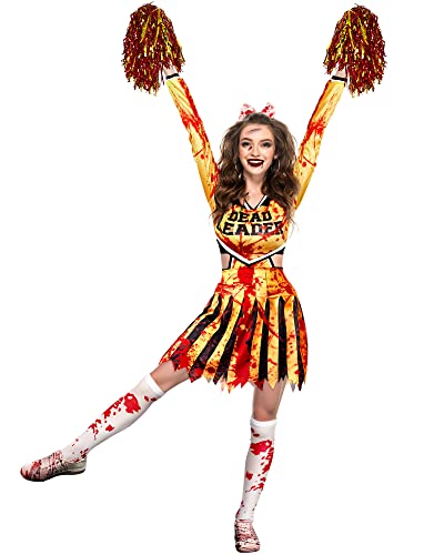 Jecery Zombie Cheerleader Costume Women Halloween Cheerleader Costume Metallic Foil Cheer Pom Poms Socks Bloody Bow CosplayMedium - Image 1