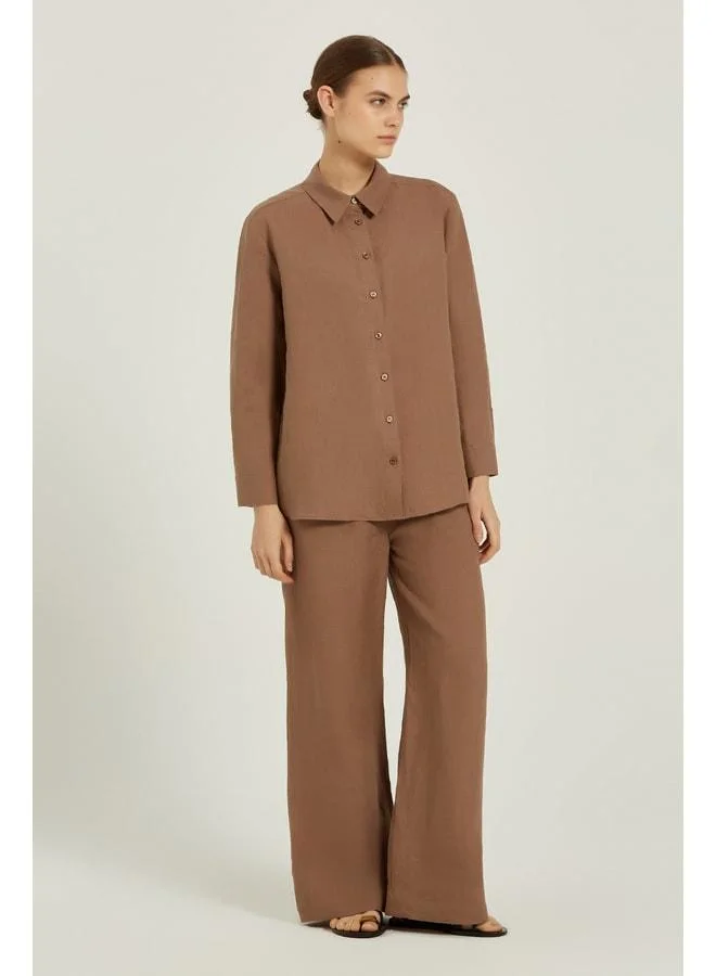 Mısırlı 1951 Light Coffee Long Sleeve Linen Women's Shirt