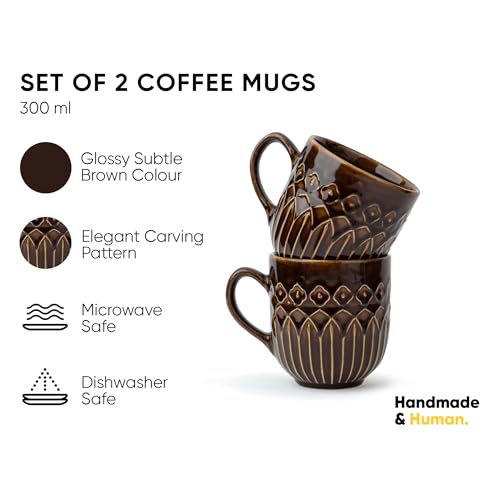 Shay Ceramic Coffee Mug Set, Set of 6, 330ml, Brown Carving | Medium Mug | Glossy Finish | Porcelain Coffee Cup Set | Microwave Safe (Carving Milk Mug, Brown, Set of 6) - Image 3