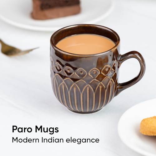 Shay Ceramic Coffee Mug Set, Set of 6, 330ml, Brown Carving | Medium Mug | Glossy Finish | Porcelain Coffee Cup Set | Microwave Safe (Carving Milk Mug, Brown, Set of 6) - Image 2