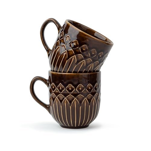 Shay Ceramic Coffee Mug Set, Set of 6, 330ml, Brown Carving | Medium Mug | Glossy Finish | Porcelain Coffee Cup Set | Microwave Safe (Carving Milk Mug, Brown, Set of 6) - Image 1