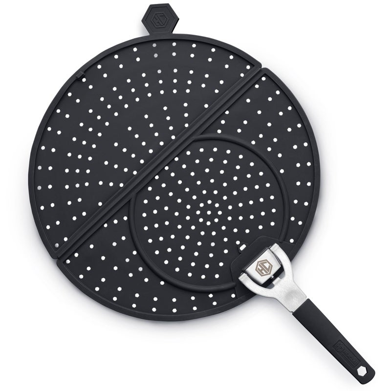 HexClad Grease Splatter Screen for Frying and Searing, Fits HexCladâ€™s 10 and 12-inch Pans, Dishwasher-Safe, Folding Design, Heat-Safe to 480Â°F, Stay-Cool Locking Handle, Silicone and Stainless Steel - Image 1