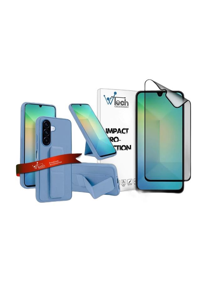 Wtech Samsung Galaxy A26 5G 2025 Hand Grip Foldable Magnetic Kickstand Wrist Strap Finger Grip With Built-In Iron Case Cover - Sky Blue & Samsung Galaxy A26 5G 2024 Premium Nano Ceramic Full Glue Full Cover Matte Flexible Screen Protector - Clear/Black Bundle - Image 1