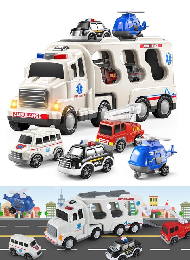 5 حزمة سيارة إسعاف مركبة طفل صغير ل 3 4 5 أولاد يبلغ من العمر 6 سنوات ، والسيارات التي تعمل بالاحتكاك مع طائرة هليكوبتر ، وسيارة الشرطة ، وشاحنة الإطفاء ، وسيارة الإسعاف ، وهدايا عيد ميلاد للفتيات 3-9 - Image 1