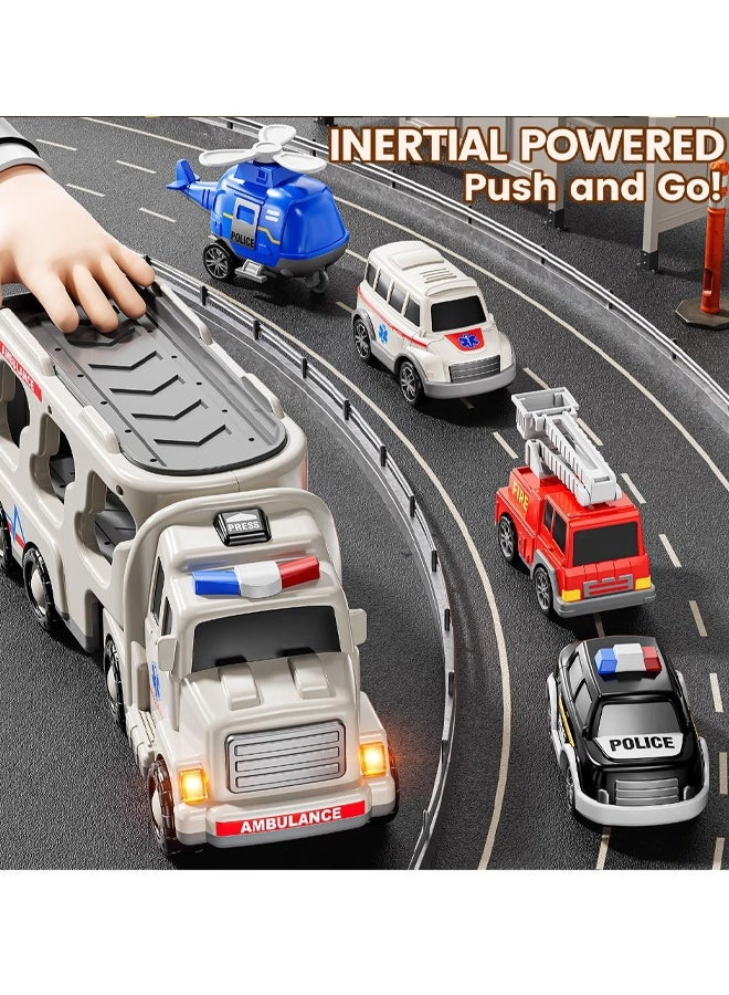 5 حزمة سيارة إسعاف مركبة طفل صغير ل 3 4 5 أولاد يبلغ من العمر 6 سنوات ، والسيارات التي تعمل بالاحتكاك مع طائرة هليكوبتر ، وسيارة الشرطة ، وشاحنة الإطفاء ، وسيارة الإسعاف ، وهدايا عيد ميلاد للفتيات 3-9 - Image 4