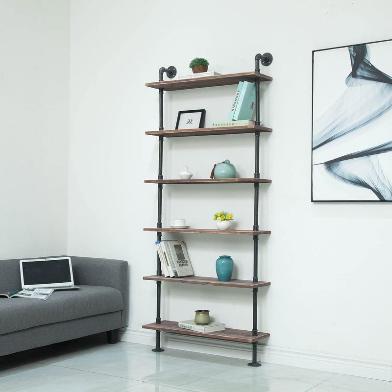 WGX Design For You WGX Design For You Industrial Pipe Shelves Rustic Wood Ladder Bookshelf Wall Mounted Shelf for Living Room Decor and Storage 32in 6 Layers 