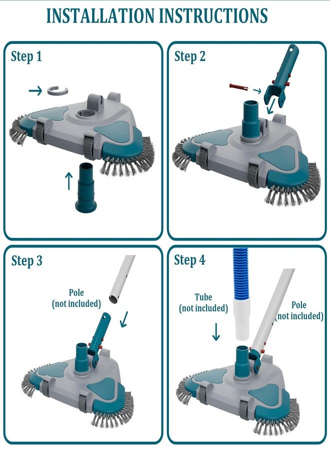 POOLWHALE Upgrade Pro Weighted Triangular Pool Rotative Vacuum Head with Brush & EZ Clip Handle - for Cleaning Surface Safe on Vinyl Lined Pools - Image 4