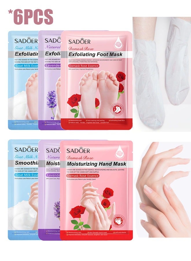 SADOER 6 Pack Foot Mask / Hand Mask Moisturizing Glove, Foot Peel Mask Exfoliating Mask, Hand Repair Glove for Dry Hand & Foot Treatment, Remove Dead Skin, Rough Skin（Rose/Lavender/Goat Milk） - Image 1