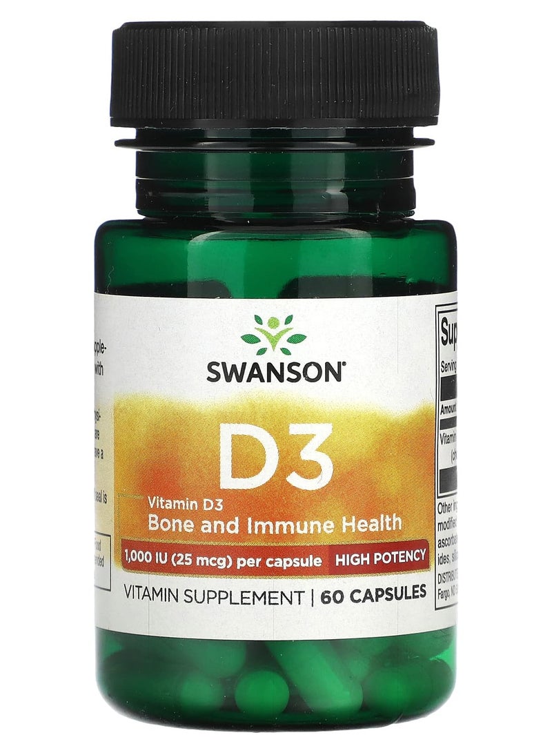 SWANSON Vitamin D3, 25 mcg (1,000 IU), 60 Capsules