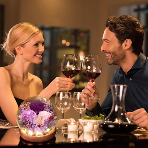 FIACO هدايا FIACO للأم النساء عيد الميلاد زهور محفوظة في قبة زجاجية زهور طازجة للأبد للتوصيل رئيسي ورود دائمة طويلة الأمد هدايا للجدة الأخت الابنة الزوجة لها صديقة بنفسجي - Image 5