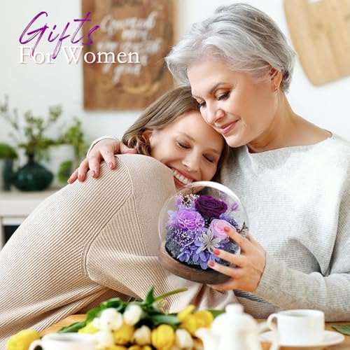 FIACO هدايا FIACO للأم النساء عيد الميلاد زهور محفوظة في قبة زجاجية زهور طازجة للأبد للتوصيل رئيسي ورود دائمة طويلة الأمد هدايا للجدة الأخت الابنة الزوجة لها صديقة بنفسجي - Image 4