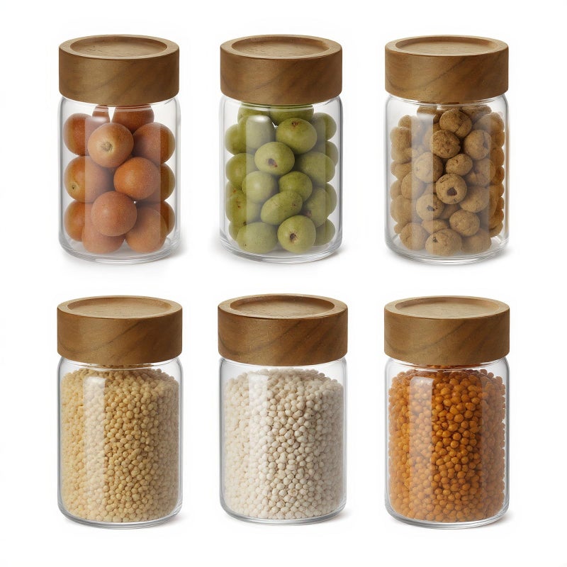 Zoaiirte 6pc 8 fl oz Glass Mason Jars with Acacia Wood Airtight Lids - Food Storage Container Set, Clear Stackable Leakproof Kitchen Canisters for Meal Prep/Snack Organization/Spice Storage - Image 1