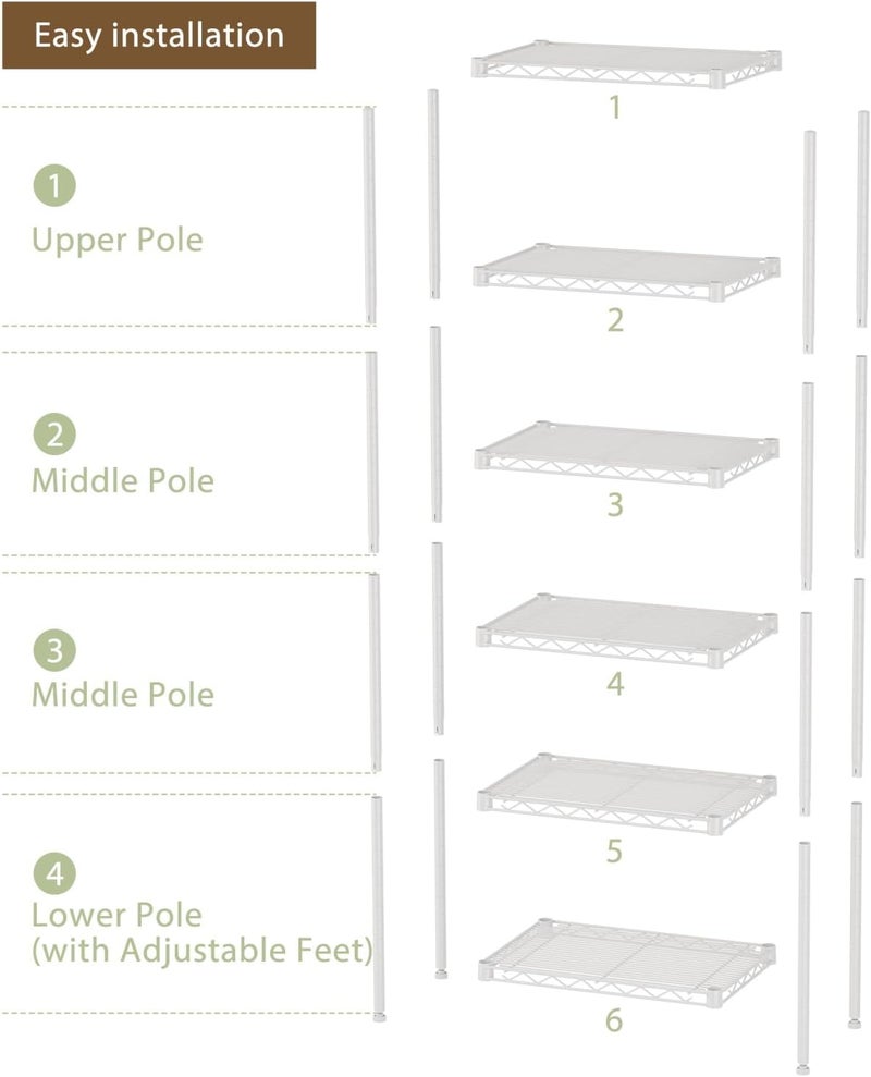 SINGAYE 6 Shelves Storage Shelf Wire Closet Bathroom Organizers Metal Pantry Kitchen Small Garage Shelving Unit Laundry Room Organization Home Corner Rack Estantes para Cocina White 10" Dx16 Wx60”H - Image 4