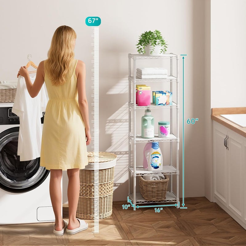 SINGAYE 6 Shelves Storage Shelf Wire Closet Bathroom Organizers Metal Pantry Kitchen Small Garage Shelving Unit Laundry Room Organization Home Corner Rack Estantes para Cocina White 10" Dx16 Wx60”H - Image 3