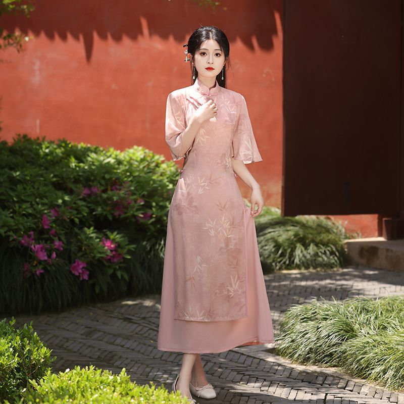 Elegant Vintage Pink Chinese Dress 2024 New Style Womens Summer Dress Young And Fresh Daily Wear Qipao Shawl [9161]]