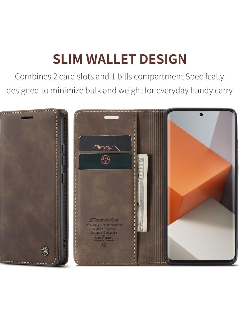 CaseMe Phone Case Luxury PU Leather Design 013 Flip Cover Card Slot Holder Cover For Redmi Note 13 Pro Plus 5G (Coffe)  - Image 2