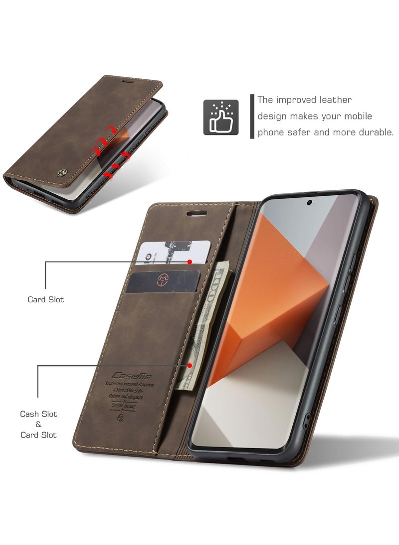 CaseMe Phone Case Luxury PU Leather Design 013 Flip Cover Card Slot Holder Cover For Redmi Note 13 Pro Plus 5G (Coffe)  - Image 4