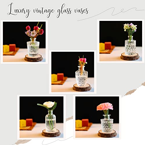 ABOUT SPACE Glass Bud Flower Vase – Pack of 5 Clear Glass Centrepiece for Mini Flowers-Antique Collections for Wedding Decorations Sturdy Textured Drop Shape Table Top Decor for Home, Restaurants - Image 4
