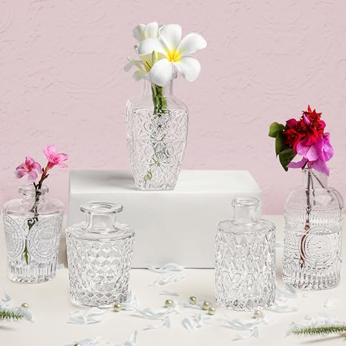 ABOUT SPACE Glass Bud Flower Vase – Pack of 5 Clear Glass Centrepiece for Mini Flowers-Antique Collections for Wedding Decorations Sturdy Textured Drop Shape Table Top Decor for Home, Restaurants - Image 1