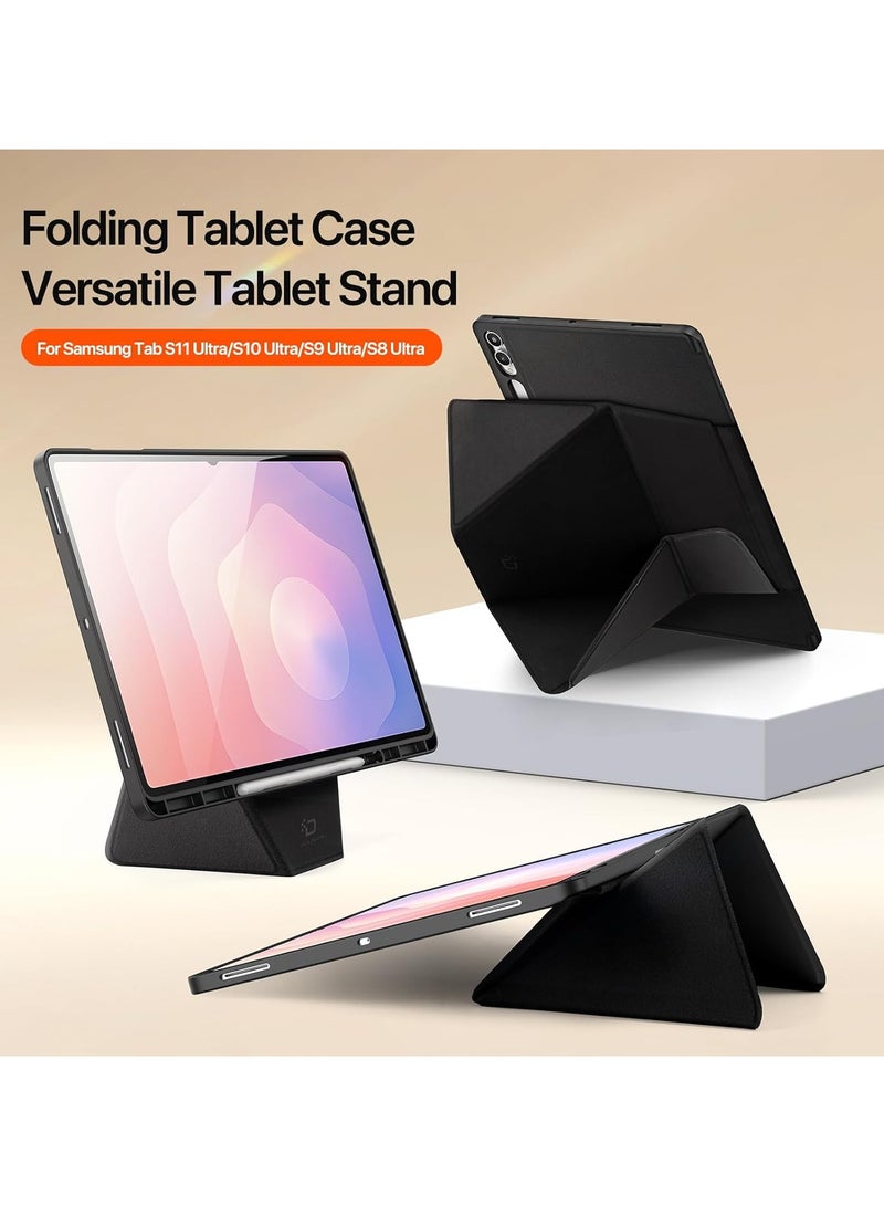 **غطاء متوافق مع جهاز لوحي Samsung Galaxy Tab S11 Ultra 14.6 بوصة موديل 2025. يتميز بحامل طافي بارتفاع 4.5 سم، وقاعدة قابلة للطي متعددة الزوايا، وغطاء جلدي مع وظيفة الإيقاظ/النوم التلقائي. يحتوي على حامل قلم S Pen مدمج.** - Image 2