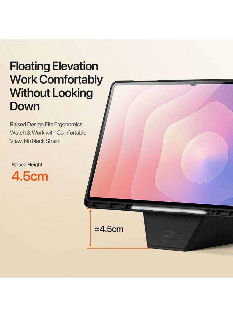 **غطاء متوافق مع جهاز لوحي Samsung Galaxy Tab S11 Ultra 14.6 بوصة موديل 2025. يتميز بحامل طافي بارتفاع 4.5 سم، وقاعدة قابلة للطي متعددة الزوايا، وغطاء جلدي مع وظيفة الإيقاظ/النوم التلقائي. يحتوي على حامل قلم S Pen مدمج.** - Image 4