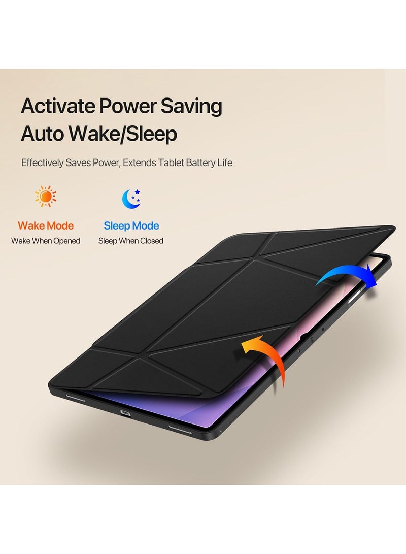 **غطاء متوافق مع جهاز لوحي Samsung Galaxy Tab S11 Ultra 14.6 بوصة موديل 2025. يتميز بحامل طافي بارتفاع 4.5 سم، وقاعدة قابلة للطي متعددة الزوايا، وغطاء جلدي مع وظيفة الإيقاظ/النوم التلقائي. يحتوي على حامل قلم S Pen مدمج.** - Image 3