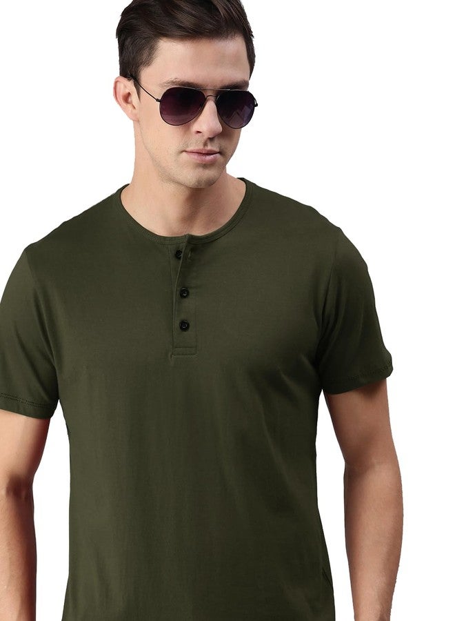 LAZYCHUNKS® Solid Men Cotton Blend Super Combed Henley Neck T-Shirt Half Sleeve | Regular Fit Cotton Blend Tshirt for Men | Half Sleeves | Plain - Regular Fit (Available in Combo Packs) Olive Green - Image 1