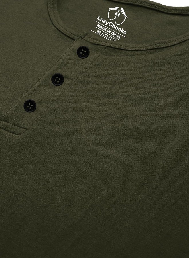 LAZYCHUNKS® Solid Men Cotton Blend Super Combed Henley Neck T-Shirt Half Sleeve | Regular Fit Cotton Blend Tshirt for Men | Half Sleeves | Plain - Regular Fit (Available in Combo Packs) Olive Green - Image 4