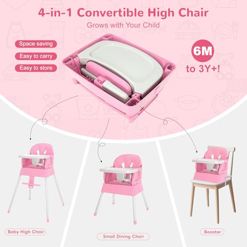 BOSEDSANG 4-in-1 Baby High Chair, Convertible Highchair for Babies and Toddlers, Portable High Chair with Foldable Design, Booster Seat for Kitchen, Dining & Outdoor Use, Easy to Clean & Storage(Pink) - Image 2