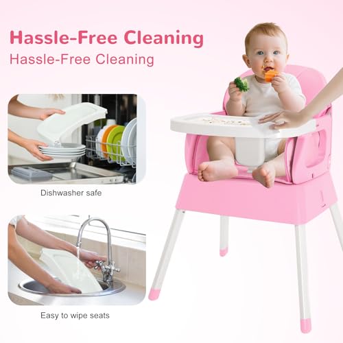 BOSEDSANG 4-in-1 Baby High Chair, Convertible Highchair for Babies and Toddlers, Portable High Chair with Foldable Design, Booster Seat for Kitchen, Dining & Outdoor Use, Easy to Clean & Storage(Pink) - Image 5